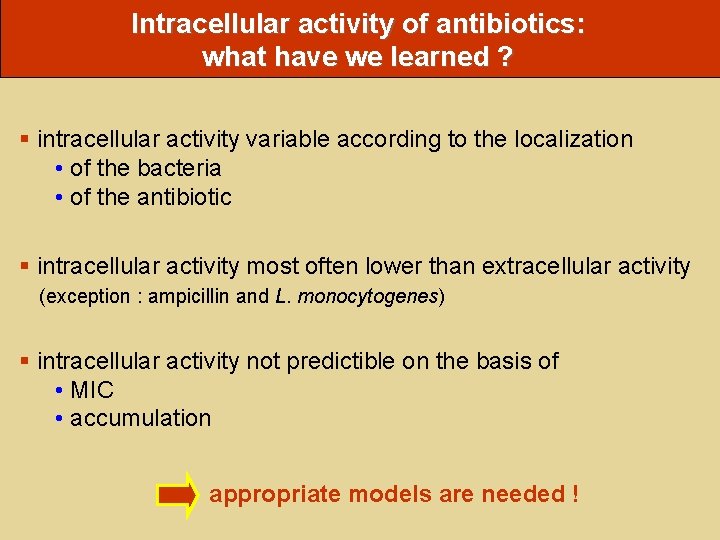 Intracellular activity of antibiotics: what have we learned ? § intracellular activity variable according