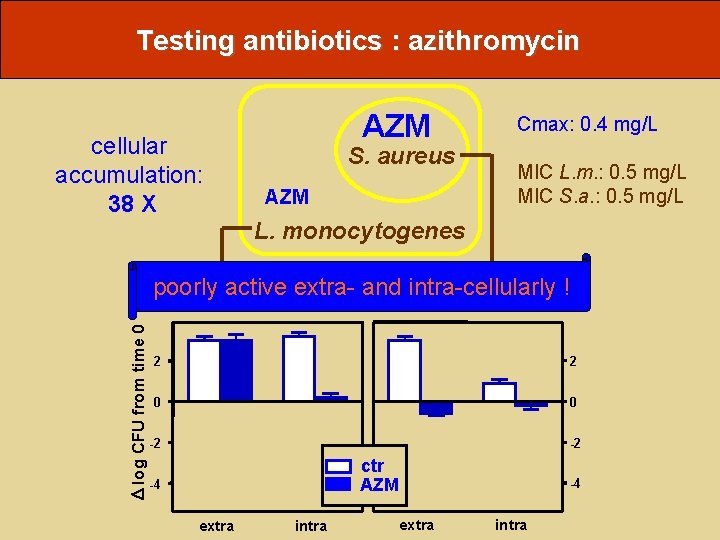 Testing antibiotics : azithromycin cellular accumulation: 38 X AZM S. aureus AZM Cmax: 0.