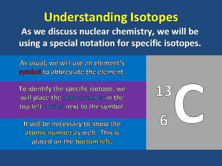 Understanding Isotopes As we discuss nuclear chemistry, we will be using a special notation
