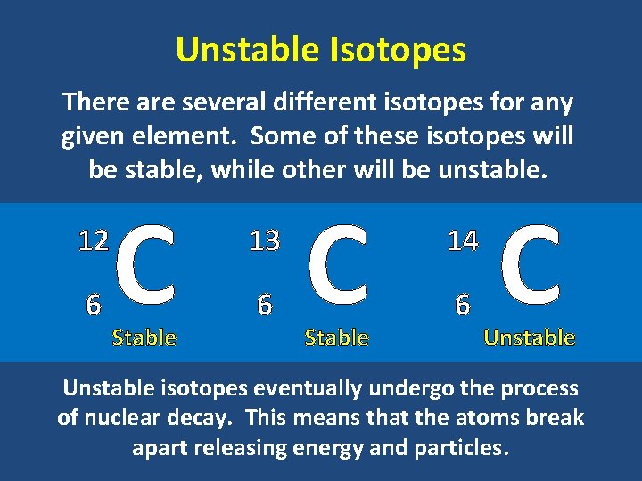 Unstable Isotopes There are several different isotopes for any given element. Some of these