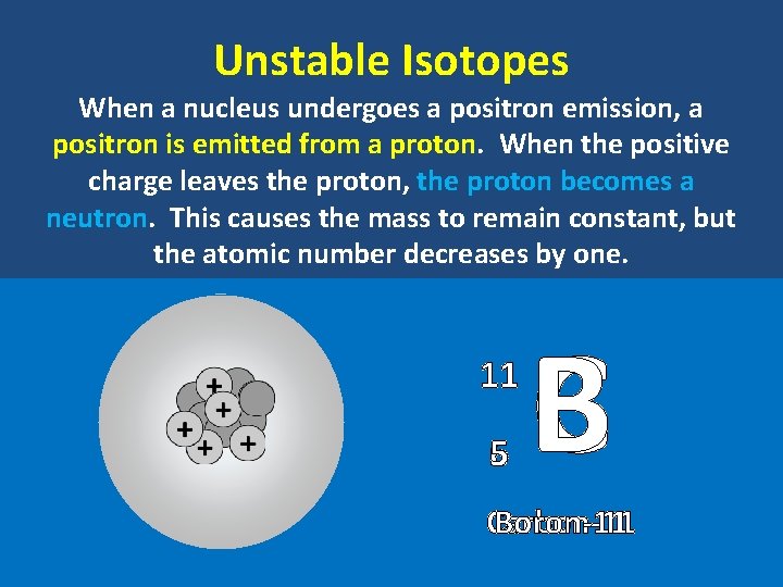 Unstable Isotopes When a nucleus undergoes a positron emission, a positron is emitted from