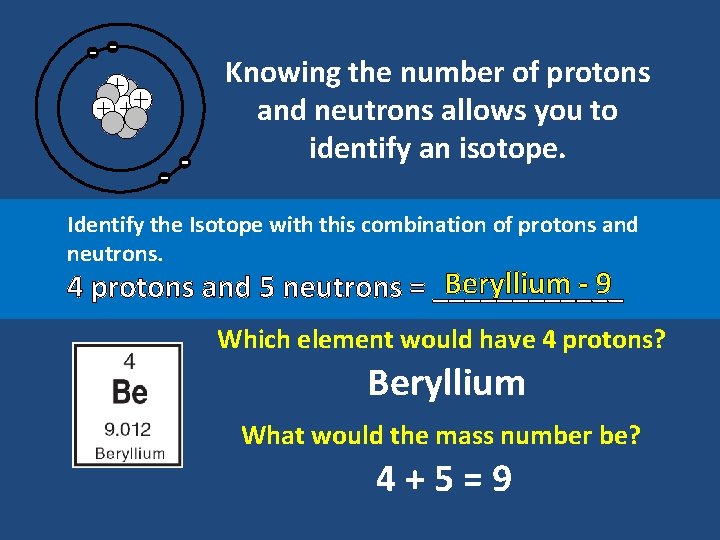 Knowing the number of protons and neutrons allows you to identify an isotope. Identify