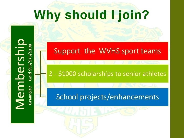 Green$30 Gold $55/$75/$100 Membership Why should I join? Support the WVHS sport teams 3