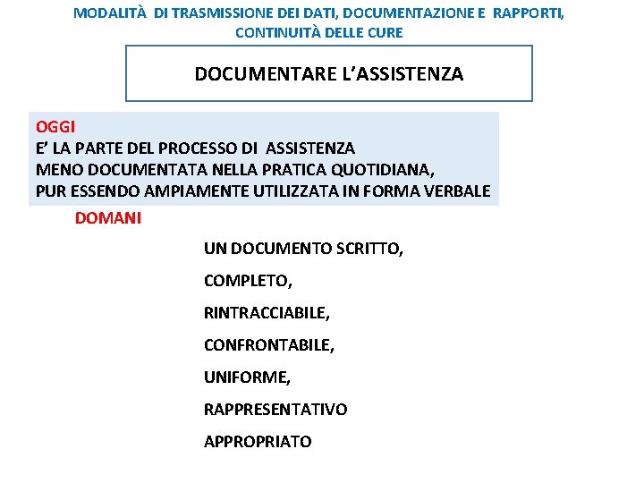 MODALITÀ DI TRASMISSIONE DEI DATI, DOCUMENTAZIONE E RAPPORTI, CONTINUITÀ DELLE CURE DOCUMENTARE L’ASSISTENZA OGGI