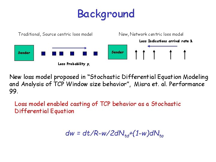 Background Traditional, Source centric loss model New, Network centric loss model Loss Indications arrival