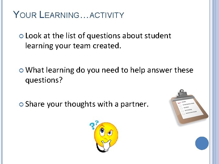 YOUR LEARNING…ACTIVITY Look at the list of questions about student learning your team created.
