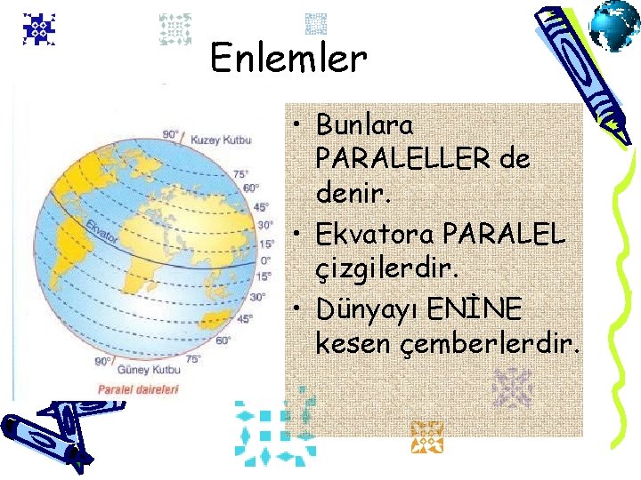 Enlemler • Bunlara PARALELLER de denir. • Ekvatora PARALEL çizgilerdir. • Dünyayı ENİNE kesen