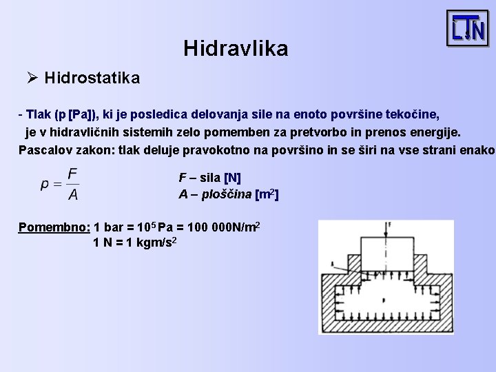 Hidravlika Ø Hidrostatika - Tlak (p [Pa]), ki je posledica delovanja sile na enoto