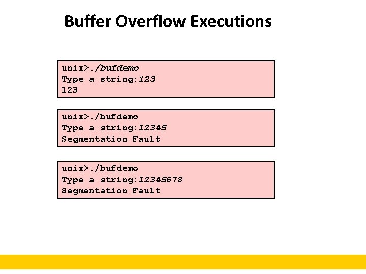 Buffer Overflow Executions unix>. /bufdemo Type a string: 12345 Segmentation Fault unix>. /bufdemo Type
