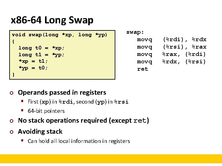 x 86 -64 Long Swap void swap(long *xp, long *yp) { long t 0
