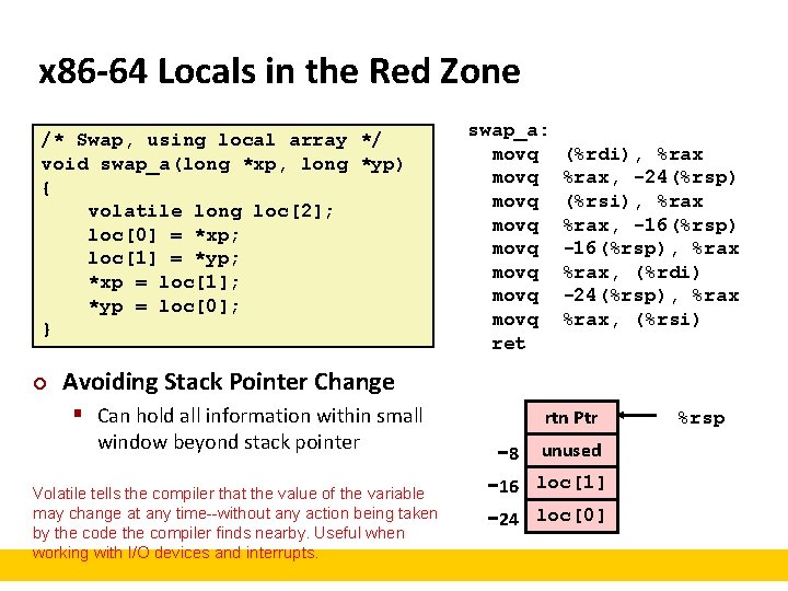 x 86 -64 Locals in the Red Zone /* Swap, using local array */