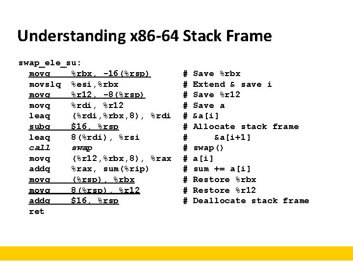 Understanding x 86 -64 Stack Frame swap_ele_su: movq %rbx, -16(%rsp) movslq %esi, %rbx movq