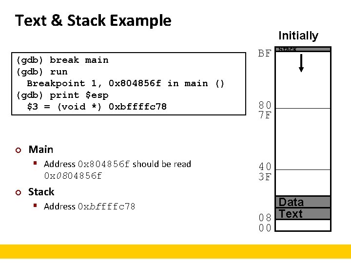 Text & Stack Example (gdb) break main (gdb) run Breakpoint 1, 0 x 804856 Text & Stack Example (gdb) break main (gdb) run Breakpoint 1, 0 x 804856