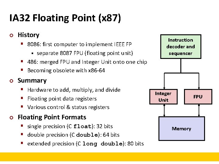 IA 32 Floating Point (x 87) ¢ History § 8086: first computer to implement