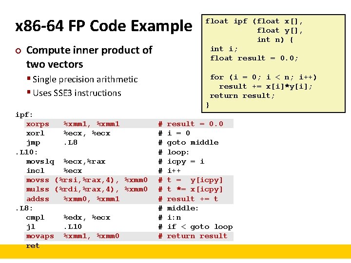 x 86 -64 FP Code Example ¢ Compute inner product of two vectors float