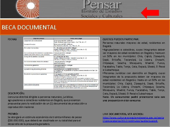 BECA DOCUMENTAL FECHAS DESCRIPCIÓN: Concurso distrital dirigido a personas naturales, jurídicas, agrupaciones o colectivos