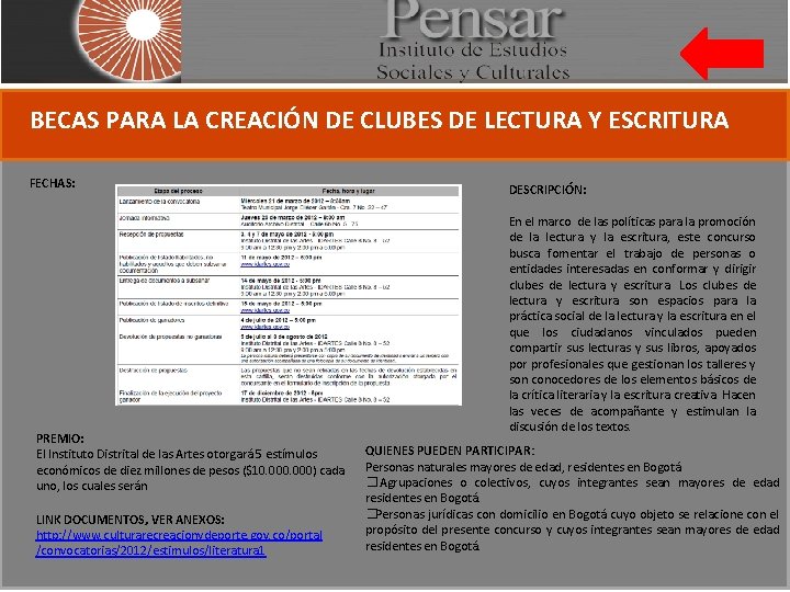 BECAS PARA LA CREACIÓN DE CLUBES DE LECTURA Y ESCRITURA FECHAS: PREMIO: El Instituto