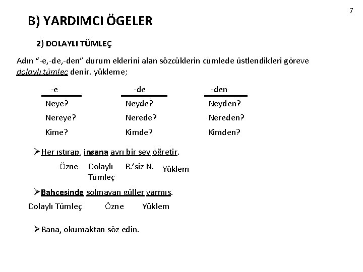 7 B) YARDIMCI ÖGELER 2) DOLAYLI TÜMLEÇ Adın “-e, -den” durum eklerini alan sözcüklerin