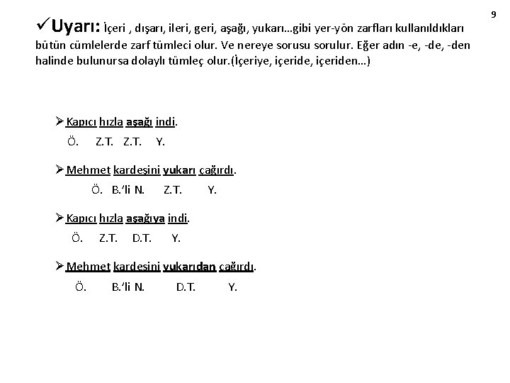 üUyarı: İçeri , dışarı, ileri, geri, aşağı, yukarı…gibi yer-yön zarfları kullanıldıkları bütün cümlelerde zarf