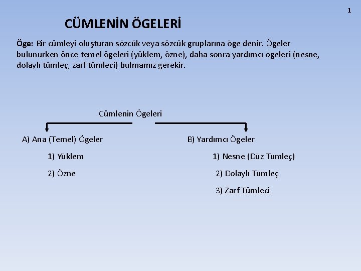 1 CÜMLENİN ÖGELERİ Öge: Bir cümleyi oluşturan sözcük veya sözcük gruplarına öge denir. Ögeler