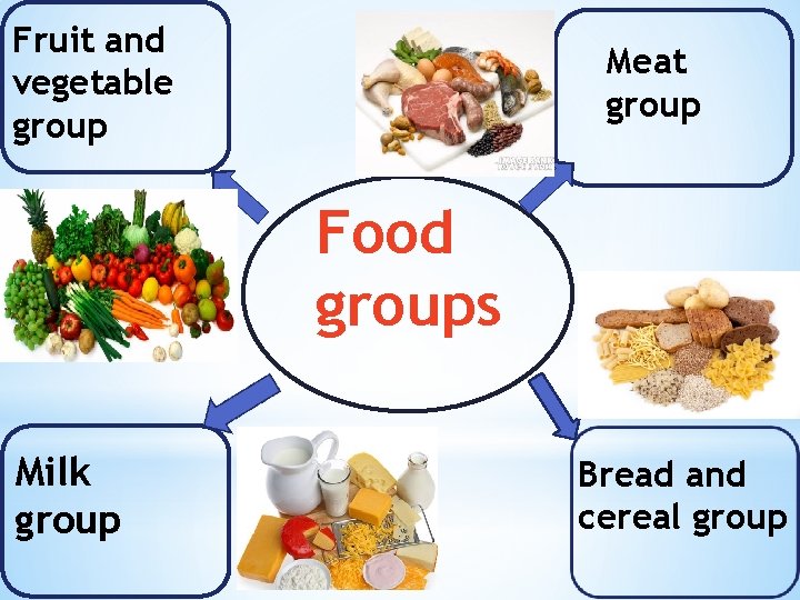 Fruit and vegetable group Meat group Food groups Milk group Bread and cereal group