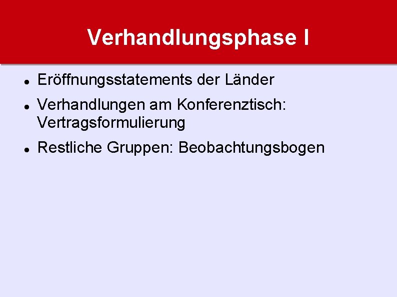 Verhandlungsphase I Eröffnungsstatements der Länder Verhandlungen am Konferenztisch: Vertragsformulierung Restliche Gruppen: Beobachtungsbogen 