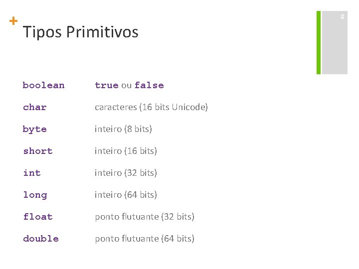 + Tipos Primitivos boolean true ou false char caracteres (16 bits Unicode) byte inteiro