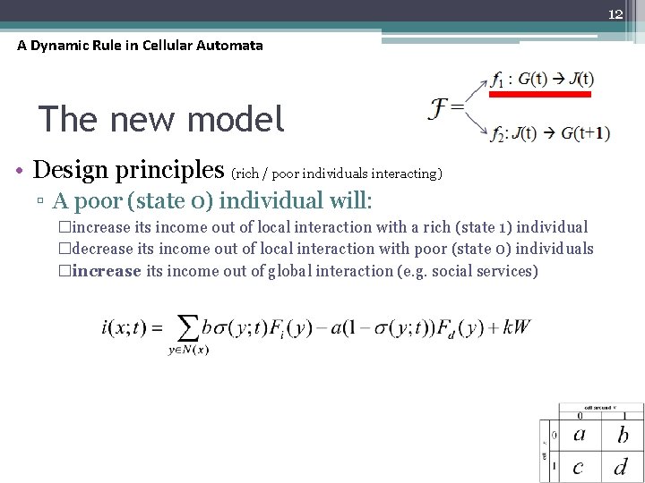 12 A Dynamic Rule in Cellular Automata The new model • Design principles (rich