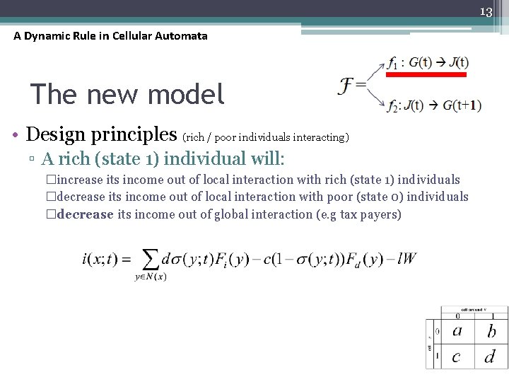 13 A Dynamic Rule in Cellular Automata The new model • Design principles (rich