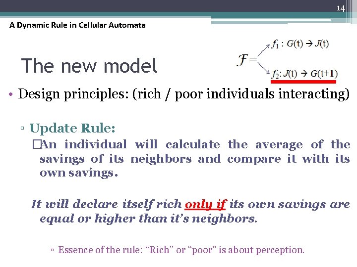 14 A Dynamic Rule in Cellular Automata The new model • Design principles: (rich