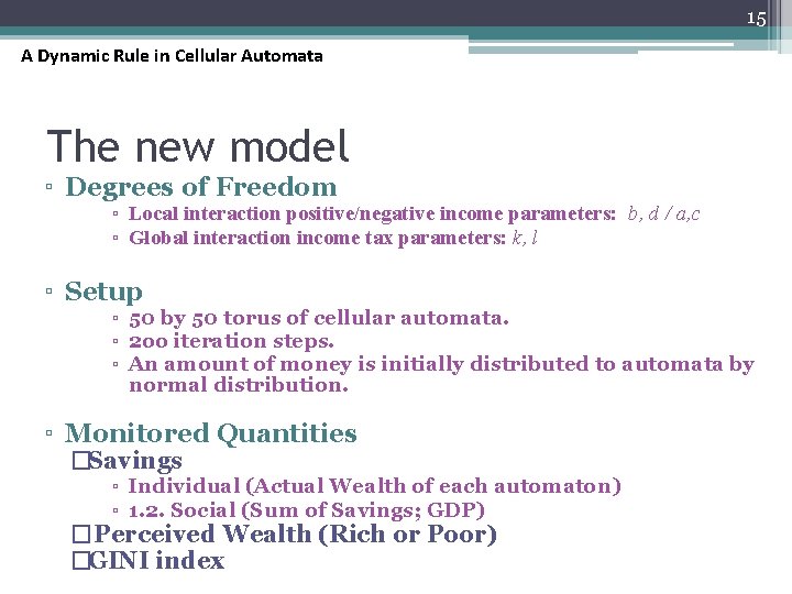 15 A Dynamic Rule in Cellular Automata The new model ▫ Degrees of Freedom