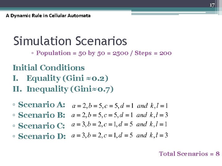 17 A Dynamic Rule in Cellular Automata Simulation Scenarios ▫ Population = 50 by
