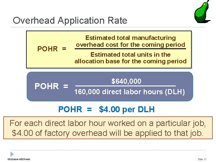 Overhead Application Rate POHR = Estimated total manufacturing overhead cost for the coming period