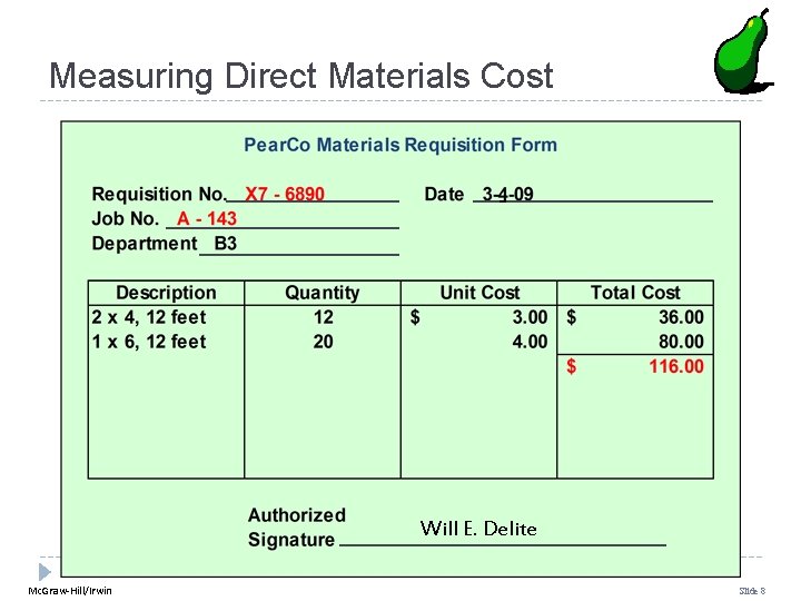 Measuring Direct Materials Cost Will E. Delite Mc. Graw-Hill/Irwin Slide 8 