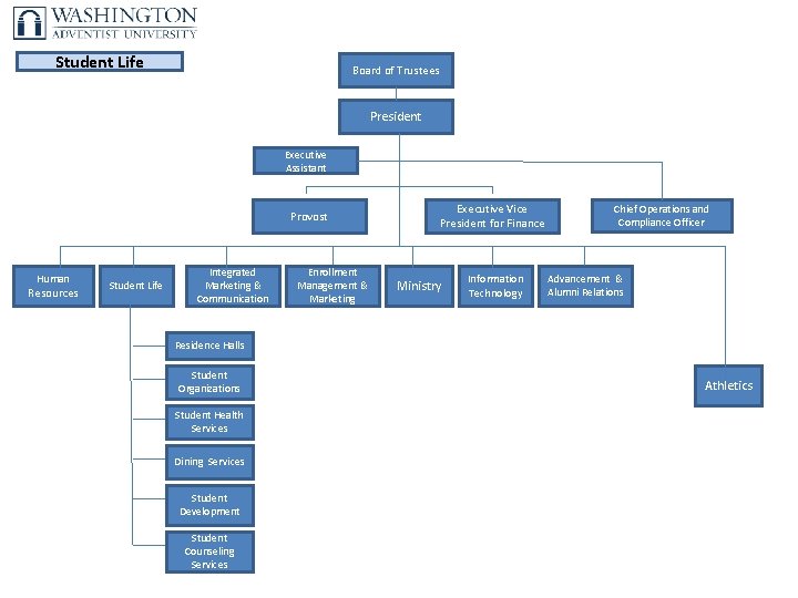 Student Life Board of Trustees President Executive Assistant Provost Human Resources Student Life Integrated
