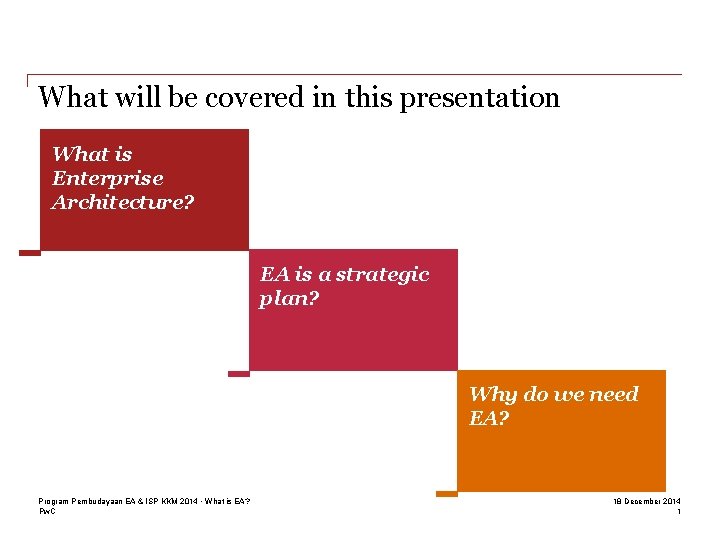 What will be covered in this presentation What is Enterprise Architecture? EA is a