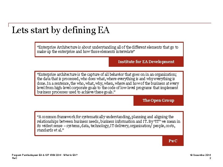 Lets start by defining EA “Enterprise Architecture is about understanding all of the different