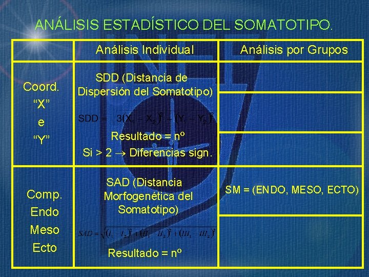 ANÁLISIS ESTADÍSTICO DEL SOMATOTIPO. Análisis Individual Coord. “X” e “Y” Comp. Endo Meso Ecto