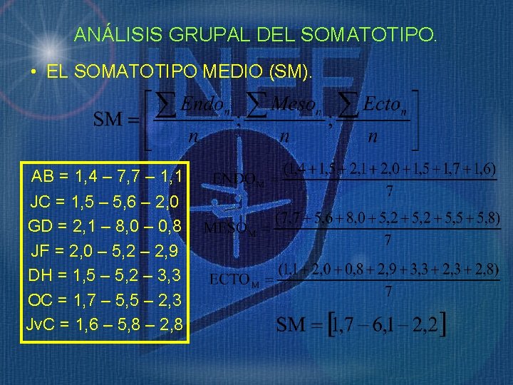 ANÁLISIS GRUPAL DEL SOMATOTIPO. • EL SOMATOTIPO MEDIO (SM). AB = 1, 4 –