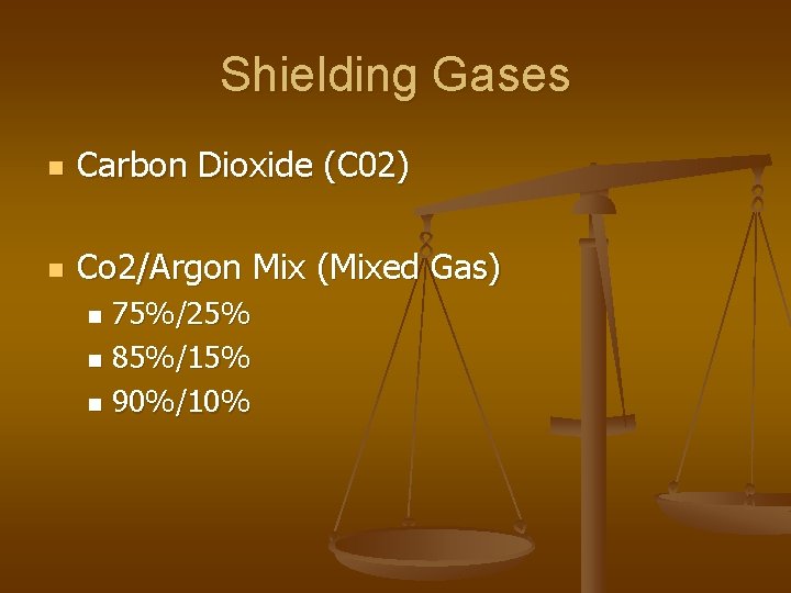 Shielding Gases n Carbon Dioxide (C 02) n Co 2/Argon Mix (Mixed Gas) 75%/25% Shielding Gases n Carbon Dioxide (C 02) n Co 2/Argon Mix (Mixed Gas) 75%/25%
