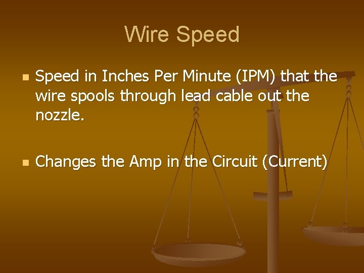 Wire Speed n n Speed in Inches Per Minute (IPM) that the wire spools Wire Speed n n Speed in Inches Per Minute (IPM) that the wire spools