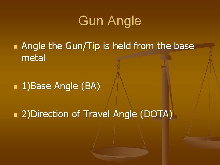 Gun Angle the Gun/Tip is held from the base metal n 1)Base Angle (BA) Gun Angle the Gun/Tip is held from the base metal n 1)Base Angle (BA)