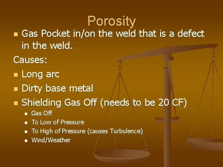 Porosity Gas Pocket in/on the weld that is a defect in the weld. Causes: Porosity Gas Pocket in/on the weld that is a defect in the weld. Causes: