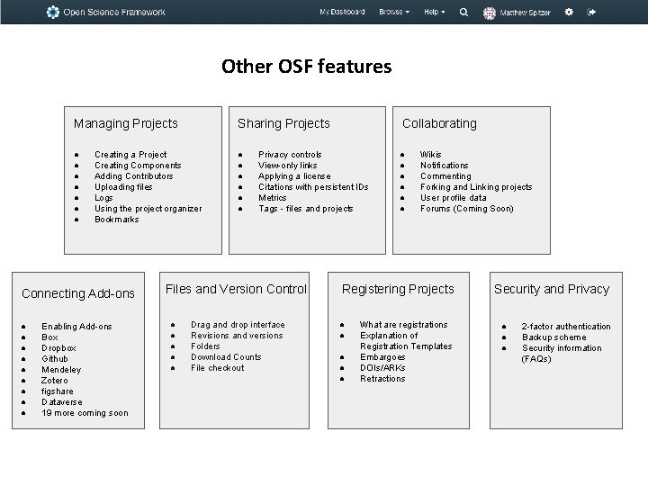 Other OSF features Managing Projects Sharing Projects Collaborating ● ● ● ● ● Creating