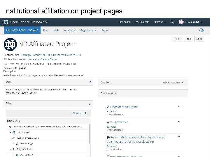 Institutional affiliation on project pages 