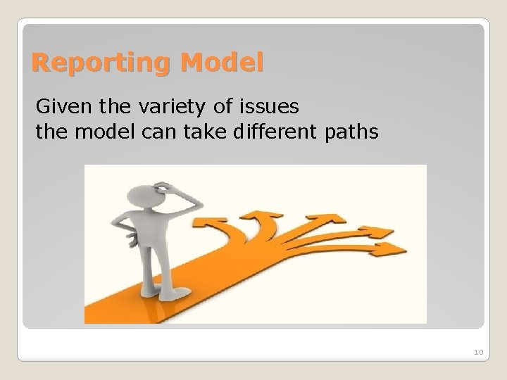 Reporting Model Given the variety of issues the model can take different paths 10
