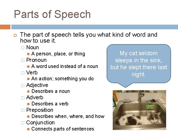 Parts of Speech The part of speech tells you what kind of word and