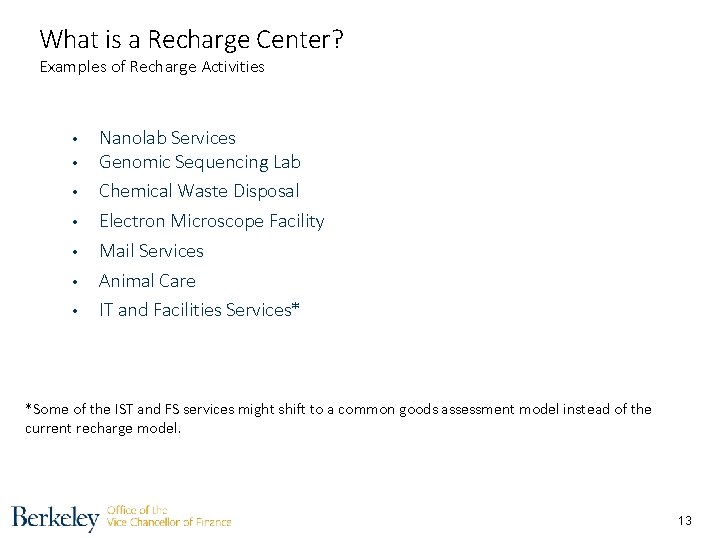 What is a Recharge Center? Examples of Recharge Activities • • Nanolab Services Genomic
