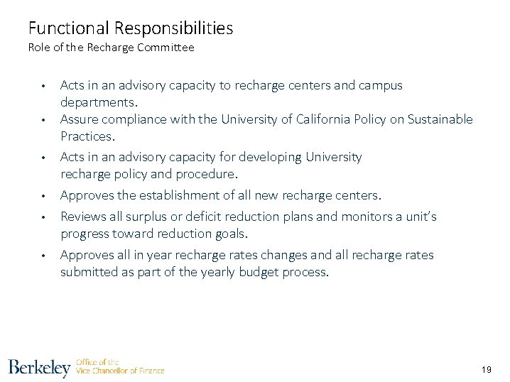 Functional Responsibilities Role of the Recharge Committee • • • Acts in an advisory