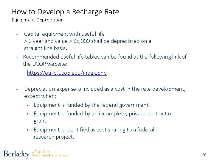 How to Develop a Recharge Rate Equipment Depreciation • • • Capital equipment with